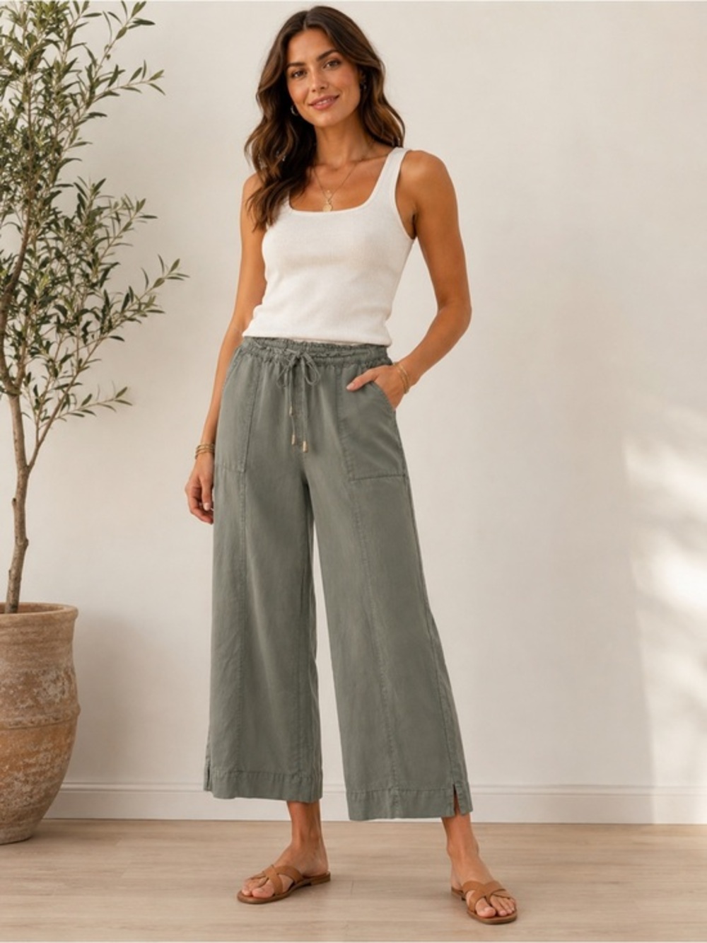 Joie Gray Green 100% Lyocell Drawstring Straight Leg Cropped Pants XS #2629